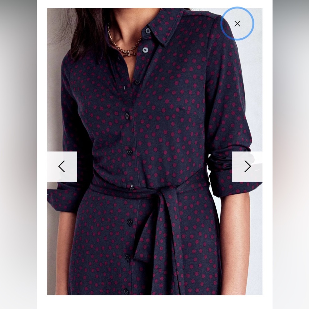 Boden NWT the Marcia jersey shirt dress in Navy with burgundy polka dots size 10